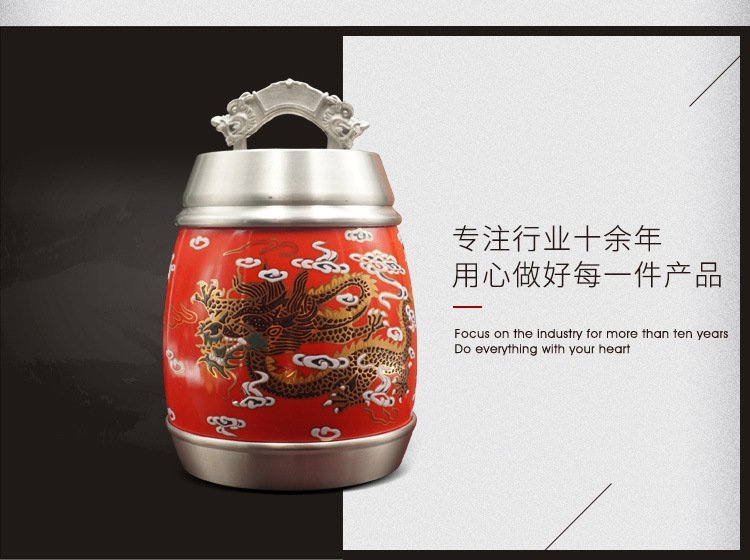 中工龙腾盛世红瓷茶叶罐锡器定制 锡制品茶叶罐容器金属 办公室装饰摆件 商务送礼工艺品礼品定制工厂